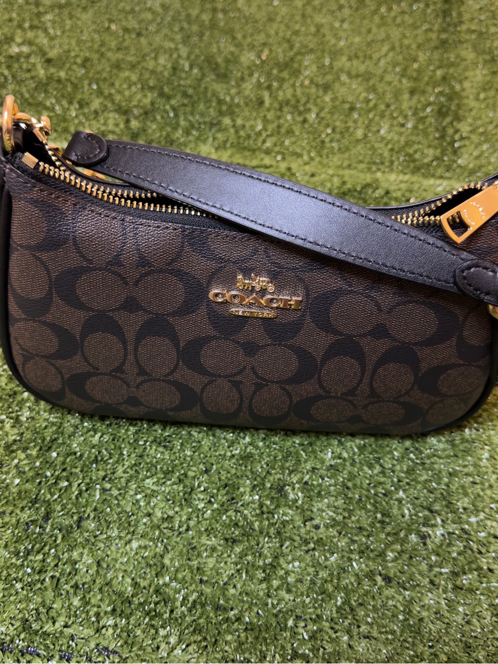 Coach Dark Brown Signature Mini Shoulder Bag with Gold Hardware
